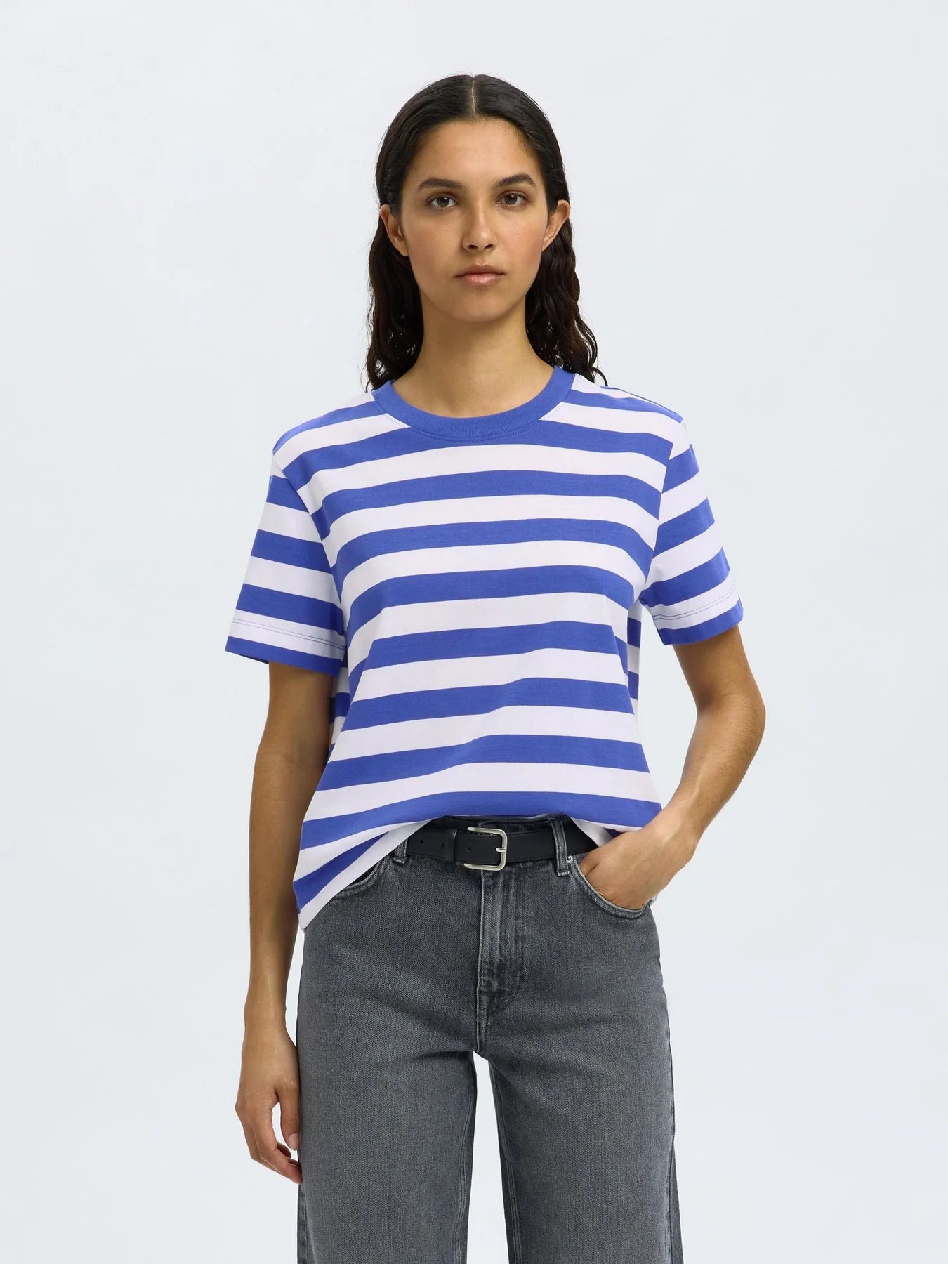 SLFESSENTIAL SS Striped boxy tee Dazzling blue