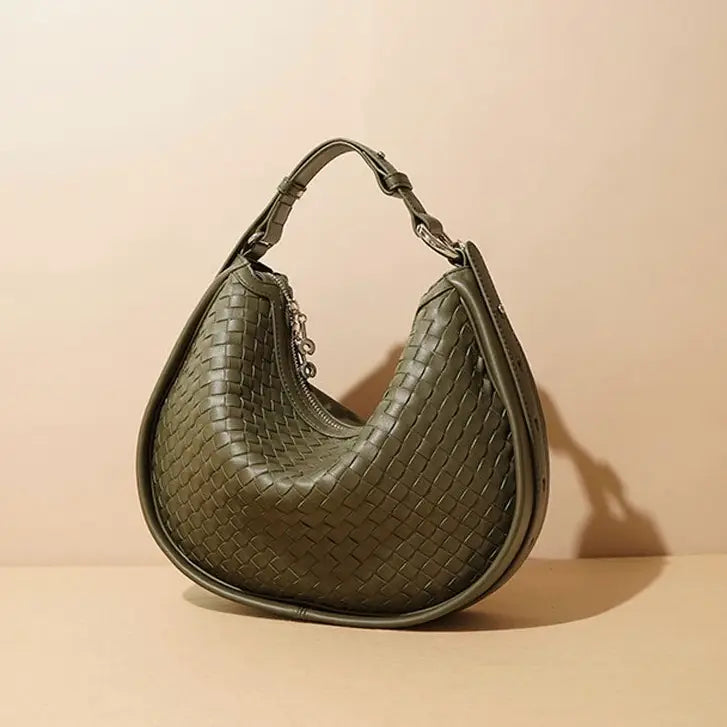 GENUINE Leather woven crescent moon bag Olive green