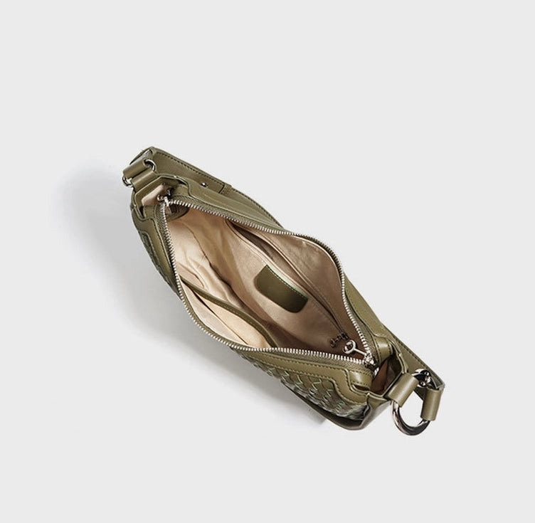 GENUINE Leather woven crescent moon bag Olive green