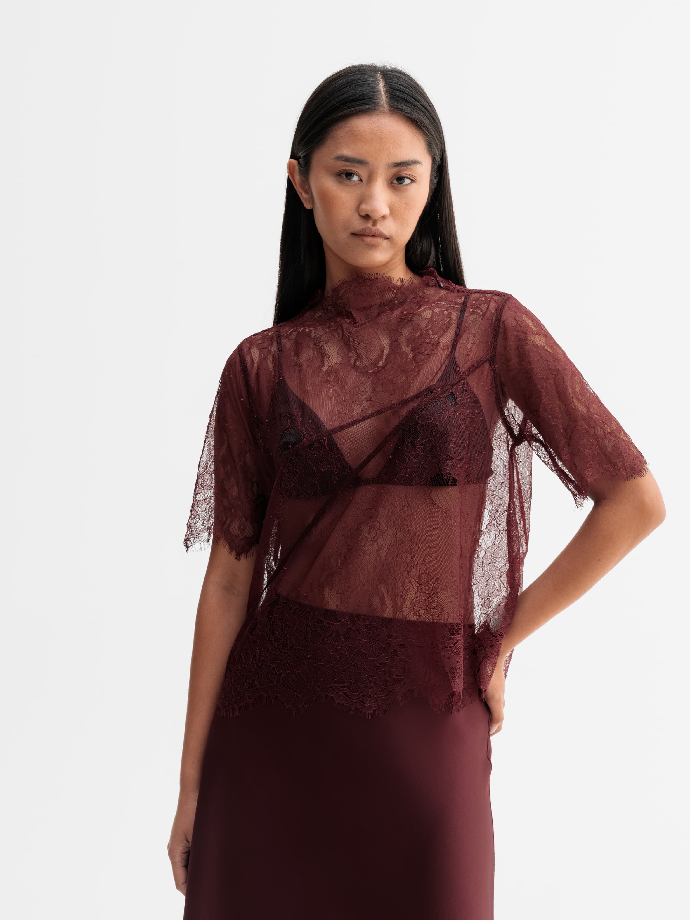 EDINA Lace Tee - Burgundy