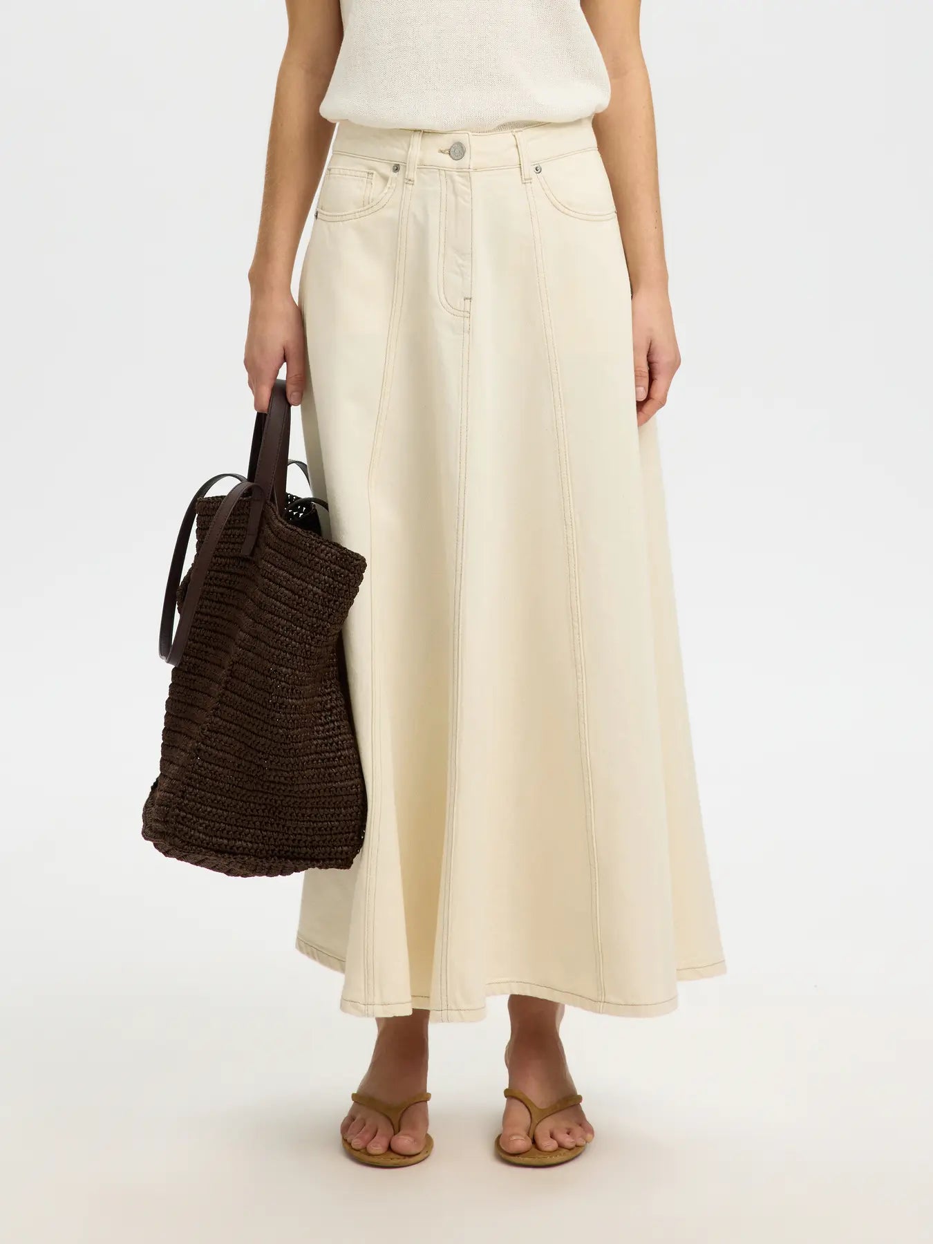 SLFTENNA HW long denim skirt EGRET