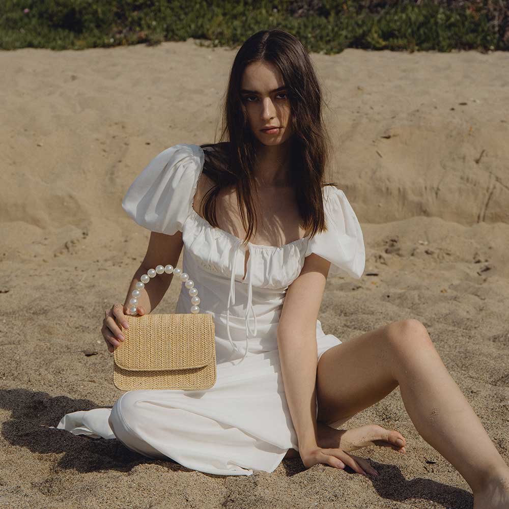 KELLI Natural small straw top handle bag