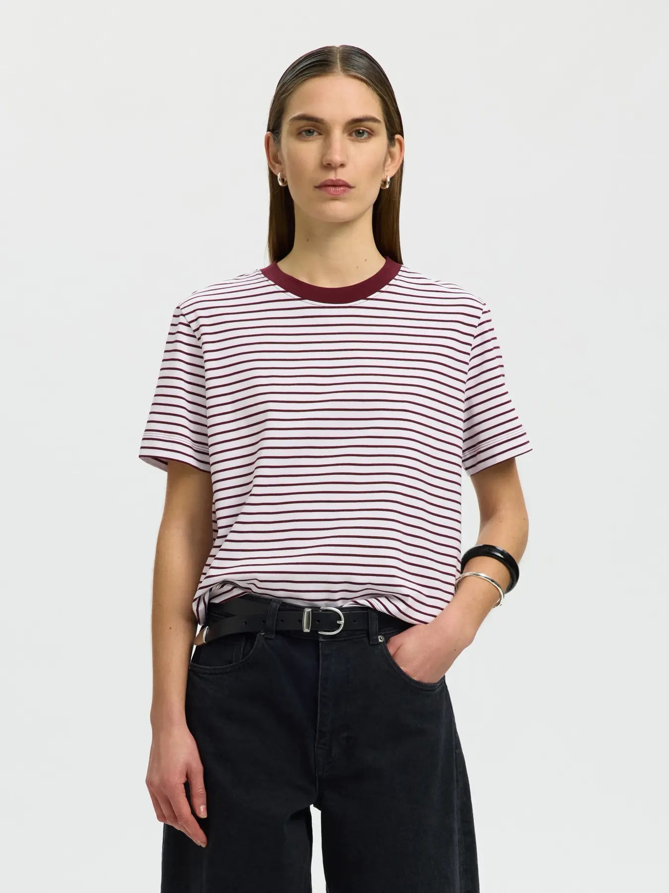 SLWESSENTIAL SS striped boxy tee TAWNY PORT