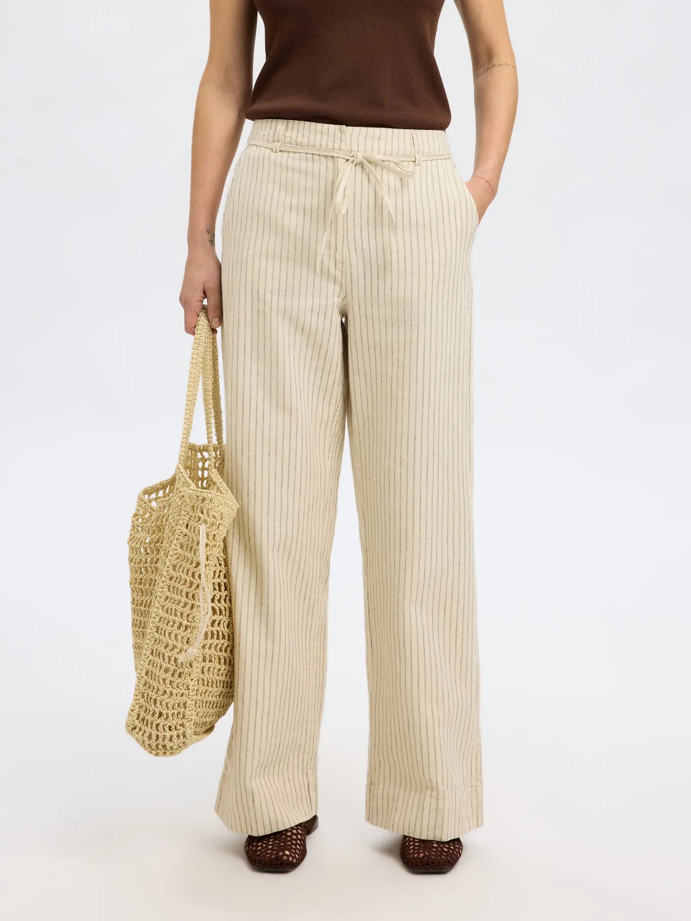 SLFJOHANNE HW Striped pants Birch