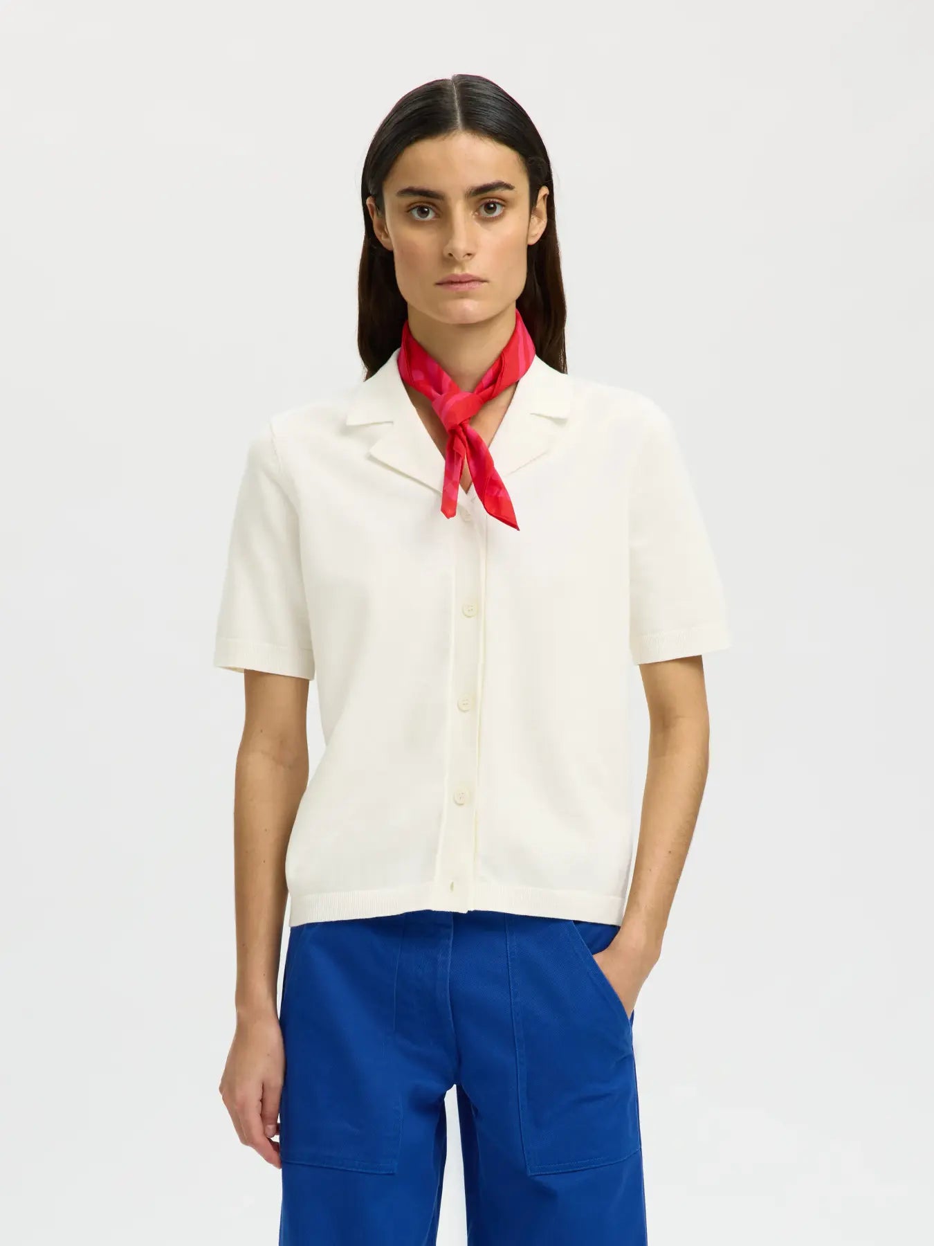 SLFAMOUR SS knit polo cardigan EGRET