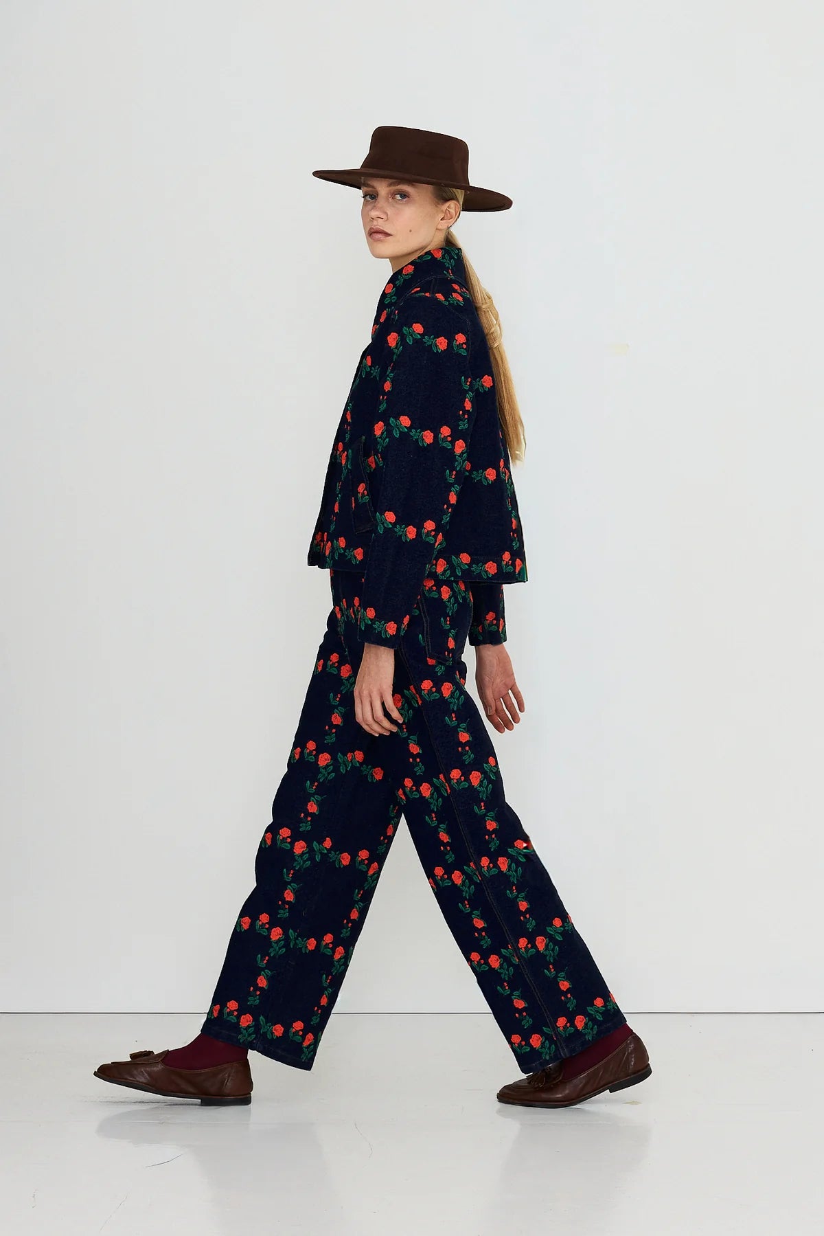 Roses Grid Embroidery Denim Jacket
