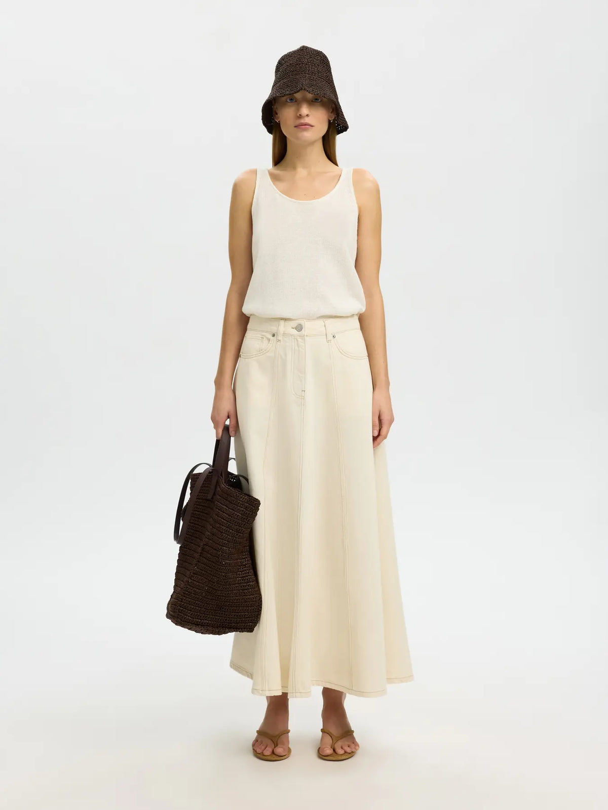 SLFTENNA HW long denim skirt EGRET