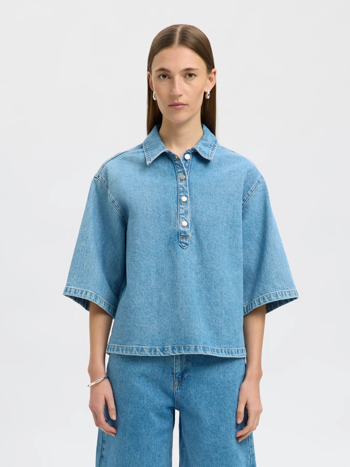 SLFLIVA-KORI 2/4 Boxi polo denim shirt